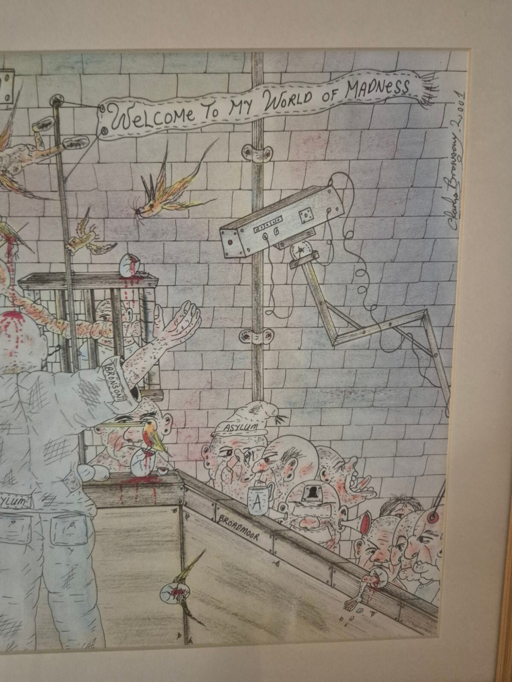 Charles Bronson Original Art A3, Frame & Mounted 'Broadmoor Lunatic Asylum'