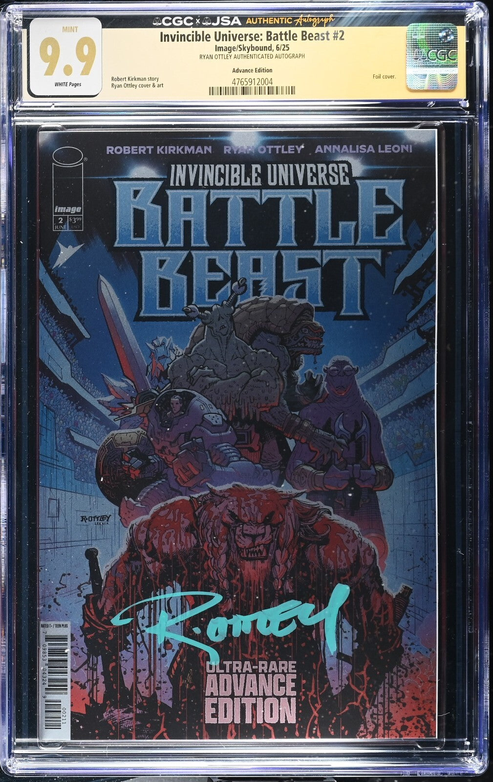 Battle Beast #2, CGC/JSA 9.9 TOP POP! Ryan Ottley Signed Foil, Invincible