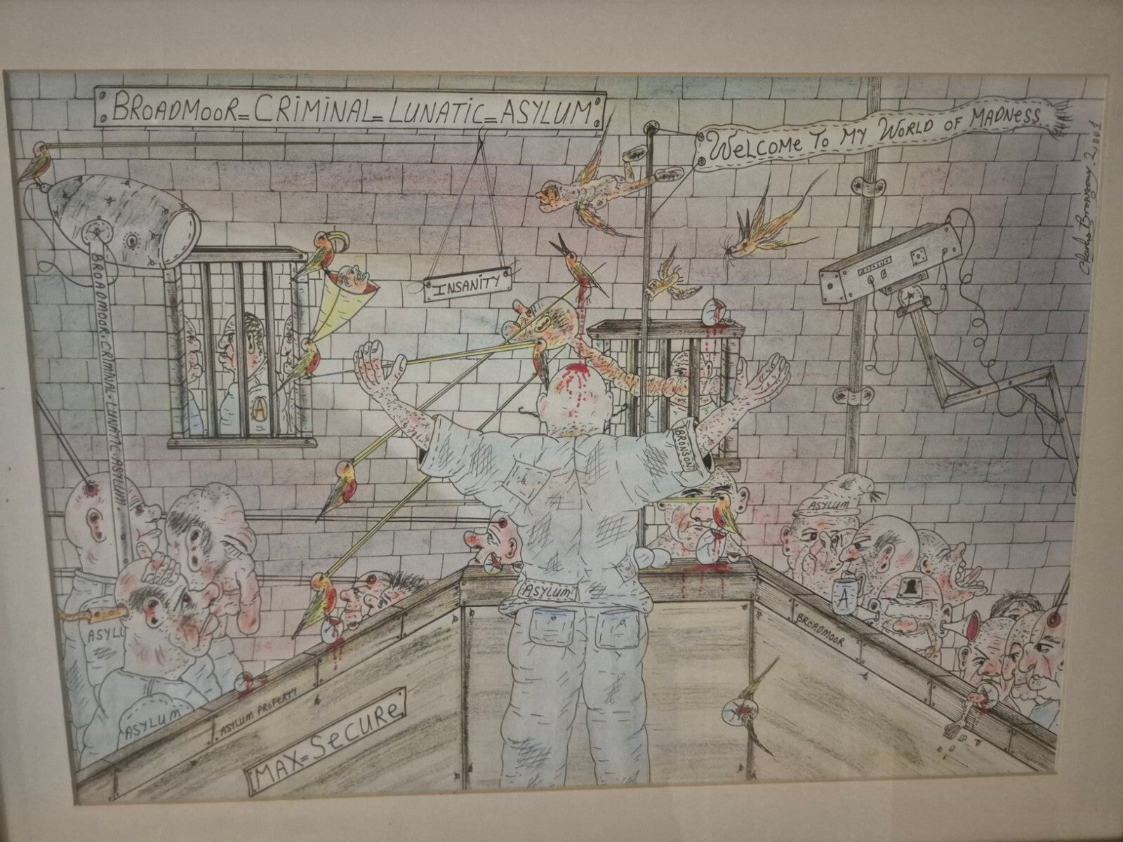 Charles Bronson Original Art A3, Frame & Mounted 'Broadmoor Lunatic Asylum'