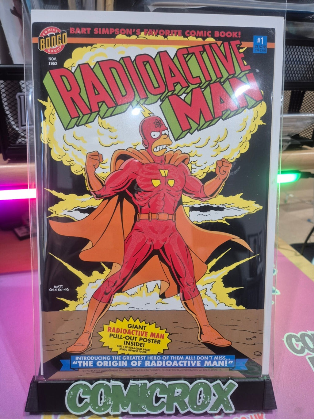 Radioactive Man #1, 1993, GITD & Poster Still Attached, Bongo, NM- (9.0/9.2)