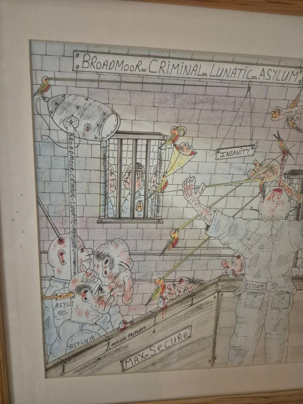 Charles Bronson Original Art A3, Frame & Mounted 'Broadmoor Lunatic Asylum'