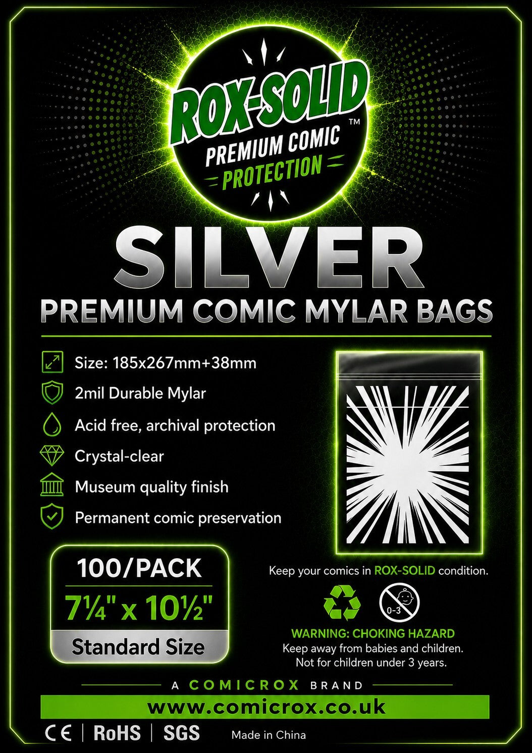 COMING SOON ** Rox-Solid Premium Mylar Comic Bags - SILVER