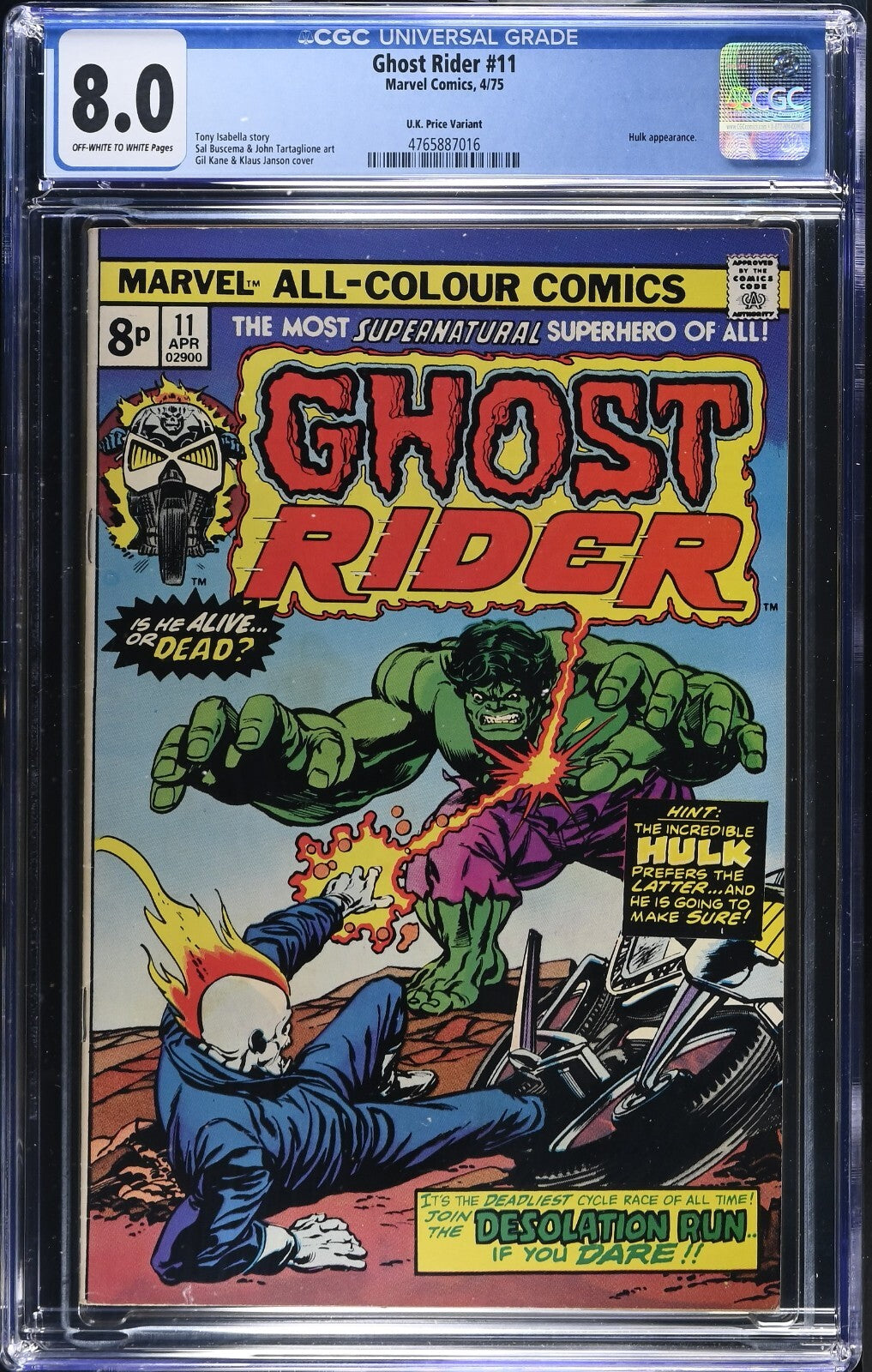 Ghost Rider #11, CGC 8.0 TOP POP! 1975, UK Price Variant, Hulk Appearance