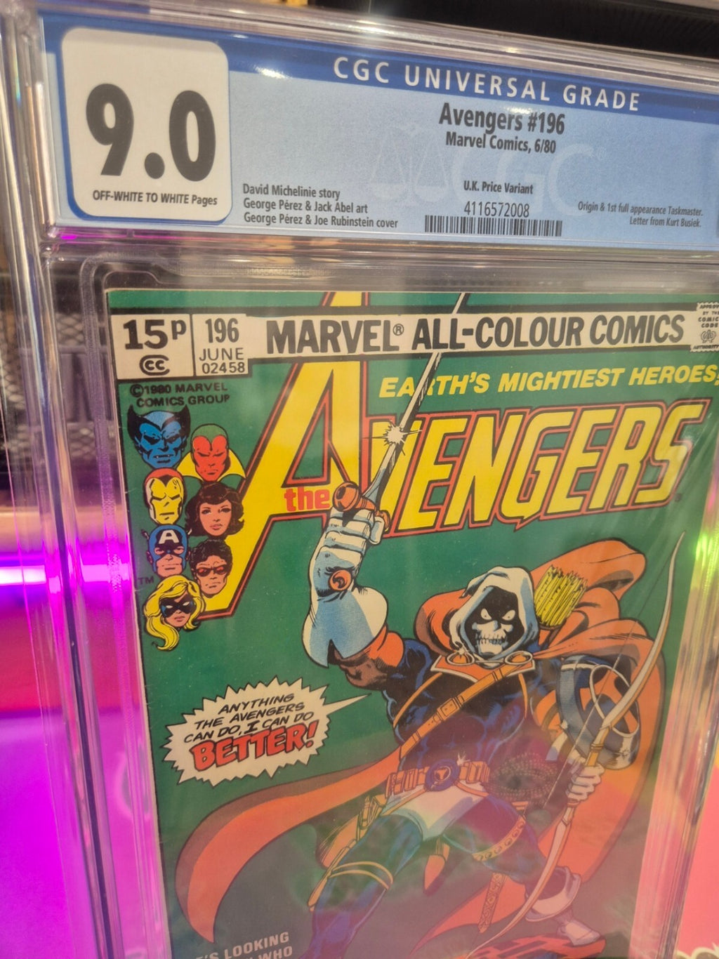 The Avengers #196, CGC 9.0, Origin & 1st full app. Taskmaster, UK Price Var