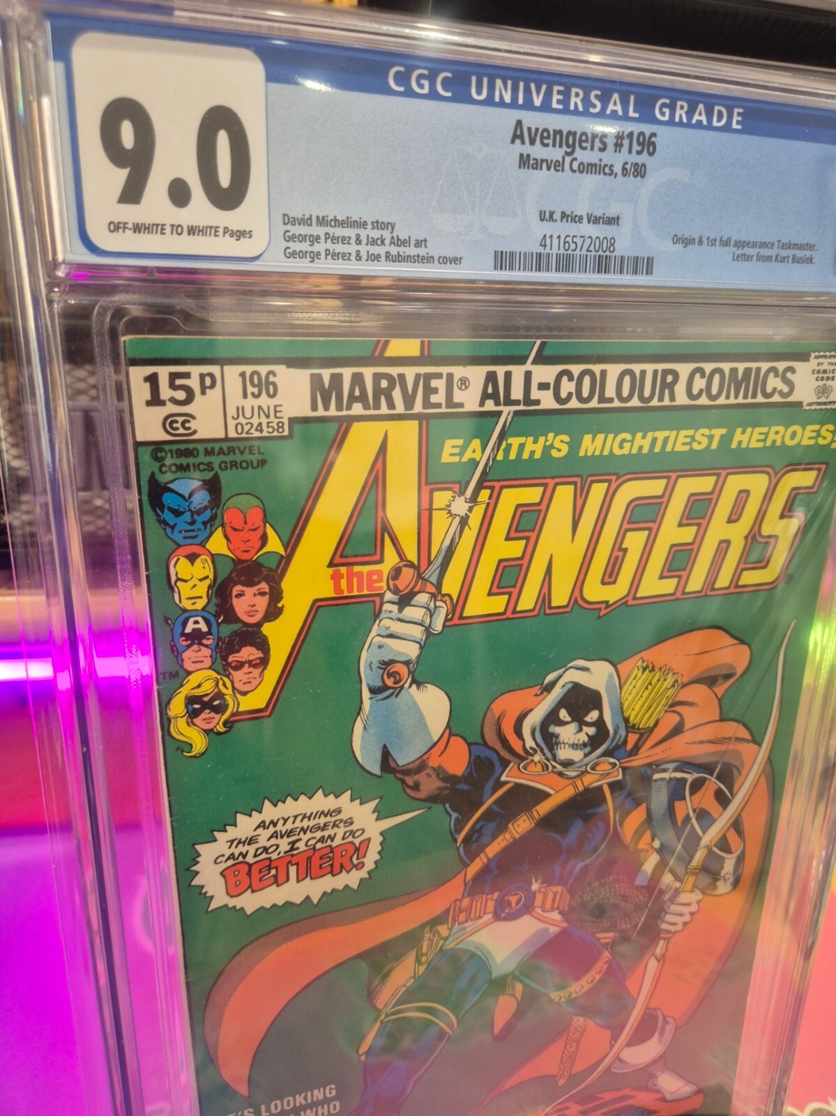 The Avengers #196, CGC 9.0, Origin & 1st full app. Taskmaster, UK Price Var