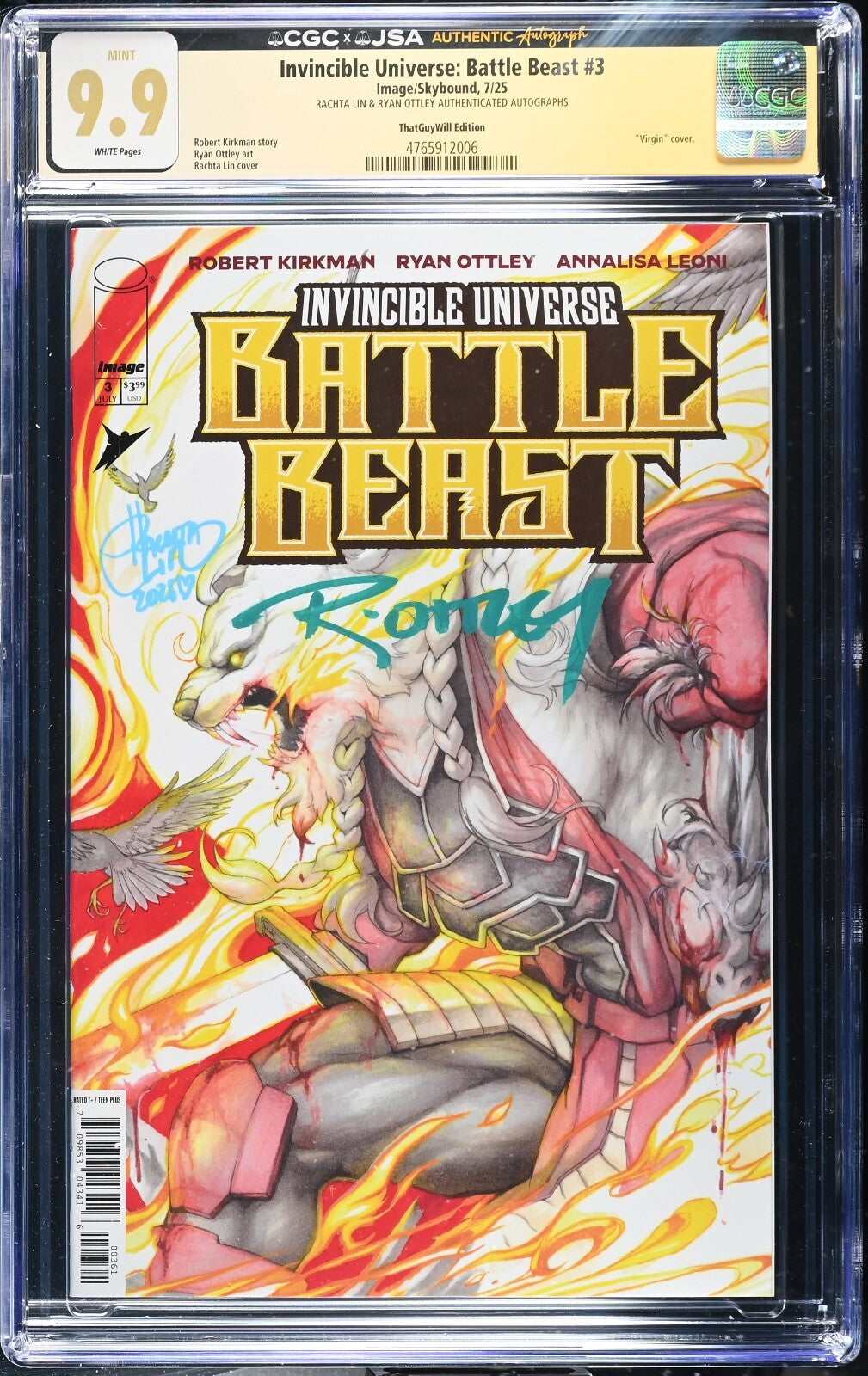 Battle Beast #3, CGC/JSA 9.9, DOUBLE SIGNED by Ottley & Rachta Lin