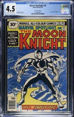 Marvel Spotlight #28, CGC 4.5, 1st Solo Moon Knight, 1976, UK Price Variant