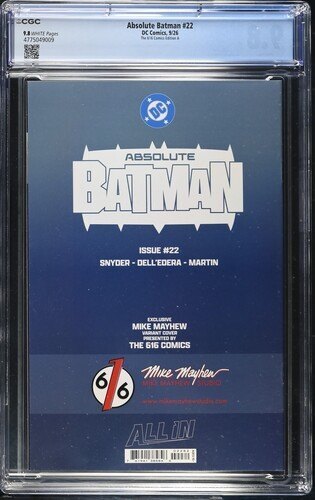 Absolute Batman #22, CGC 9.8 TOP POP! Mike Mayhew 616 Exclusive