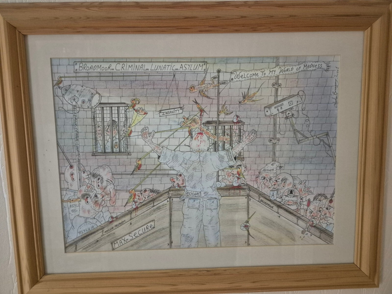 Charles Bronson Original Art A3, Frame & Mounted 'Broadmoor Lunatic Asylum'