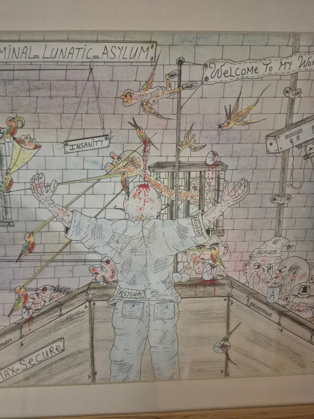 Charles Bronson Original Art A3, Frame & Mounted 'Broadmoor Lunatic Asylum'